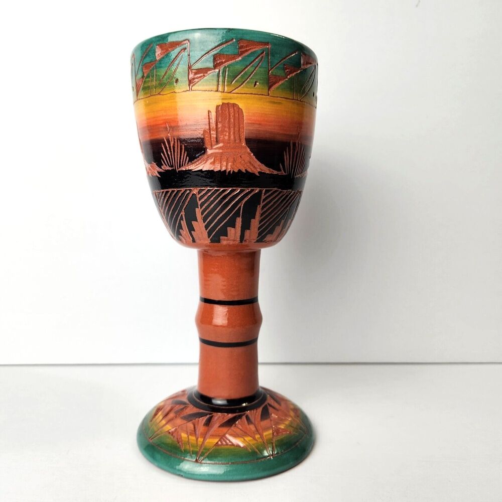 Ute Mountain Native American Pottery Traditional Design Red Earth Wine Goblet 8"